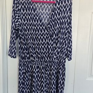 Kaileigh Navy and White Geometric Long Sleeve Romper